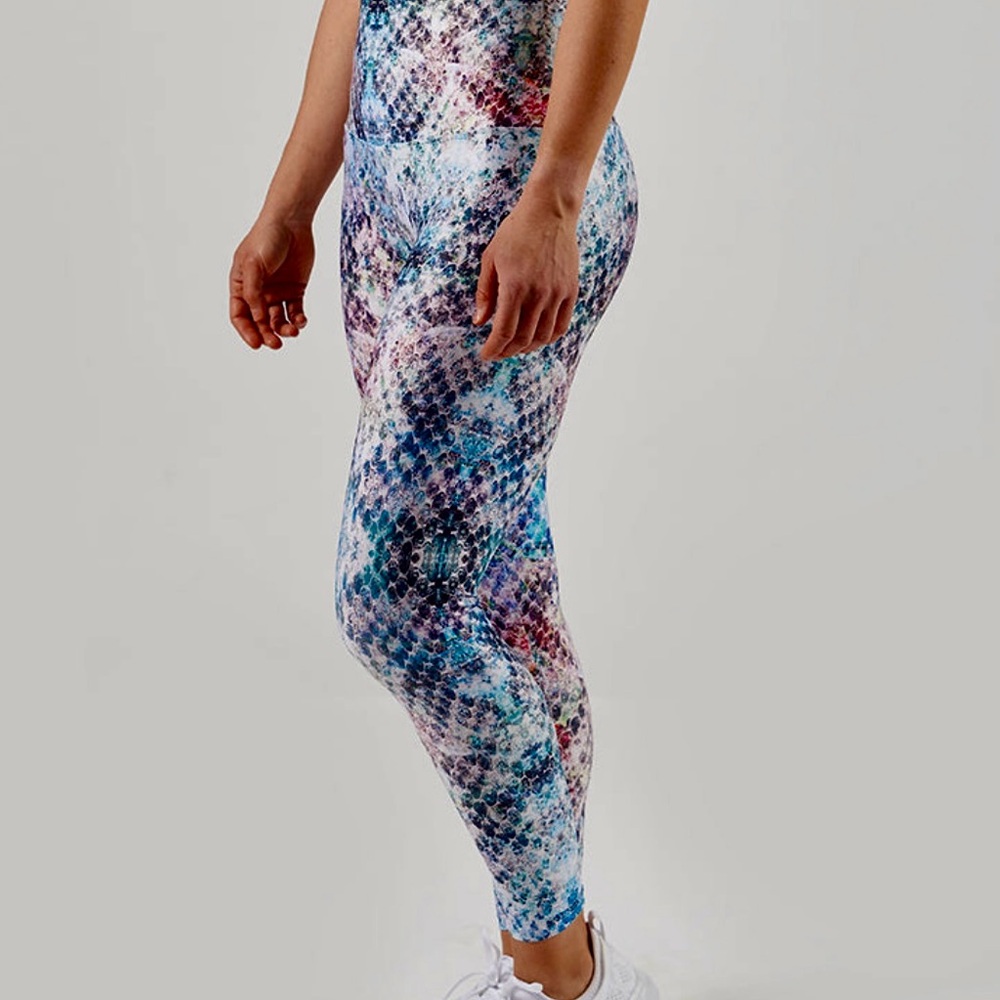High Waisted High Compression Blue Snakeskin Print Yoga Pants by Lavaloka Active